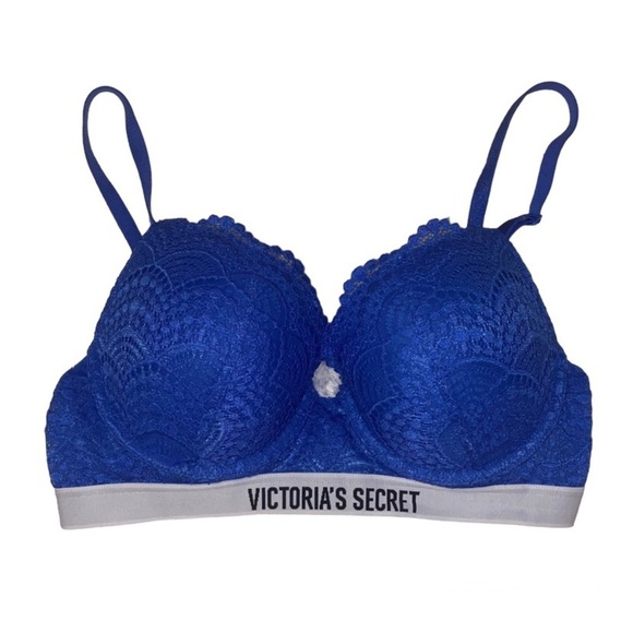 Victoria Secret Perfect Shape Blue Lace Push up Bra 34C - Picture 1 of 6